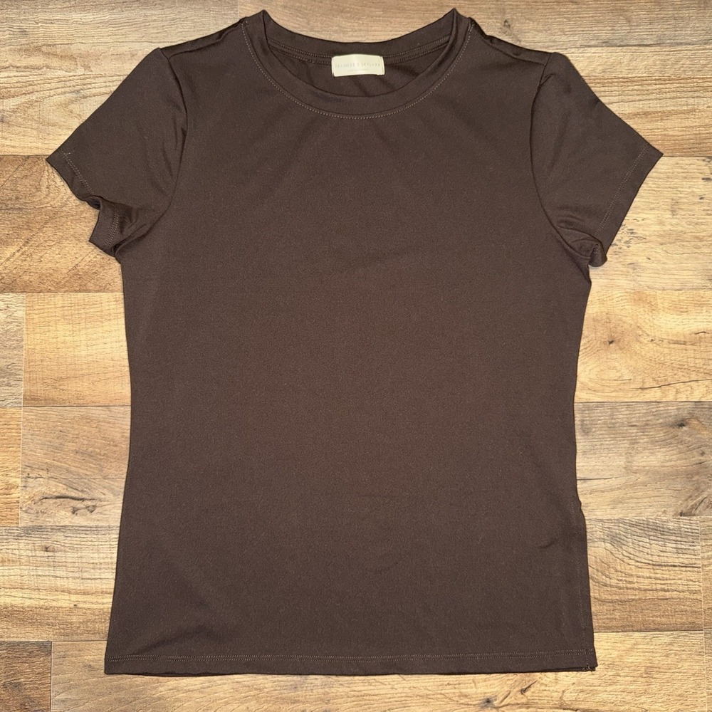 Frankee & Skylarr Short Sleeve T Shirt Women's Large Brown Ribbed Stretchy